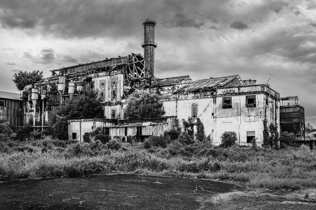 Black-and-white view of overgrown factory buildings and a chimney at the abandoned Central Coloso complex in Aguada, Puerto Rico.