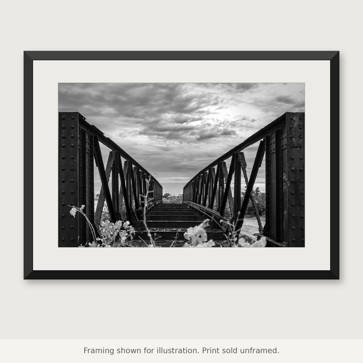 Abandoned Steel Bridge Cabo Rojo black-and-white photograph shown in a frame. Print sold unframed.