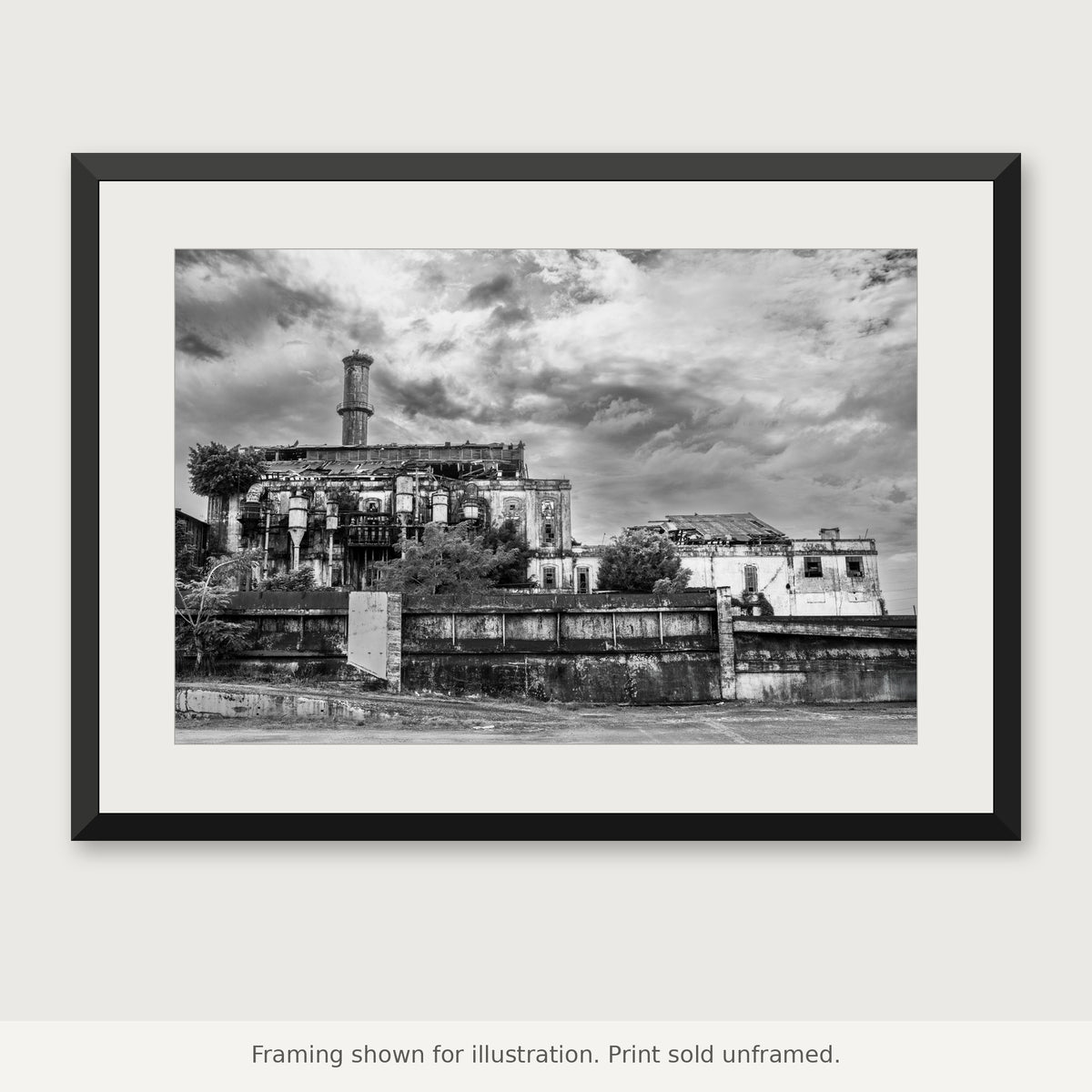 Central Coloso Industrial Ruins black-and-white photograph shown in a frame. Print sold unframed.