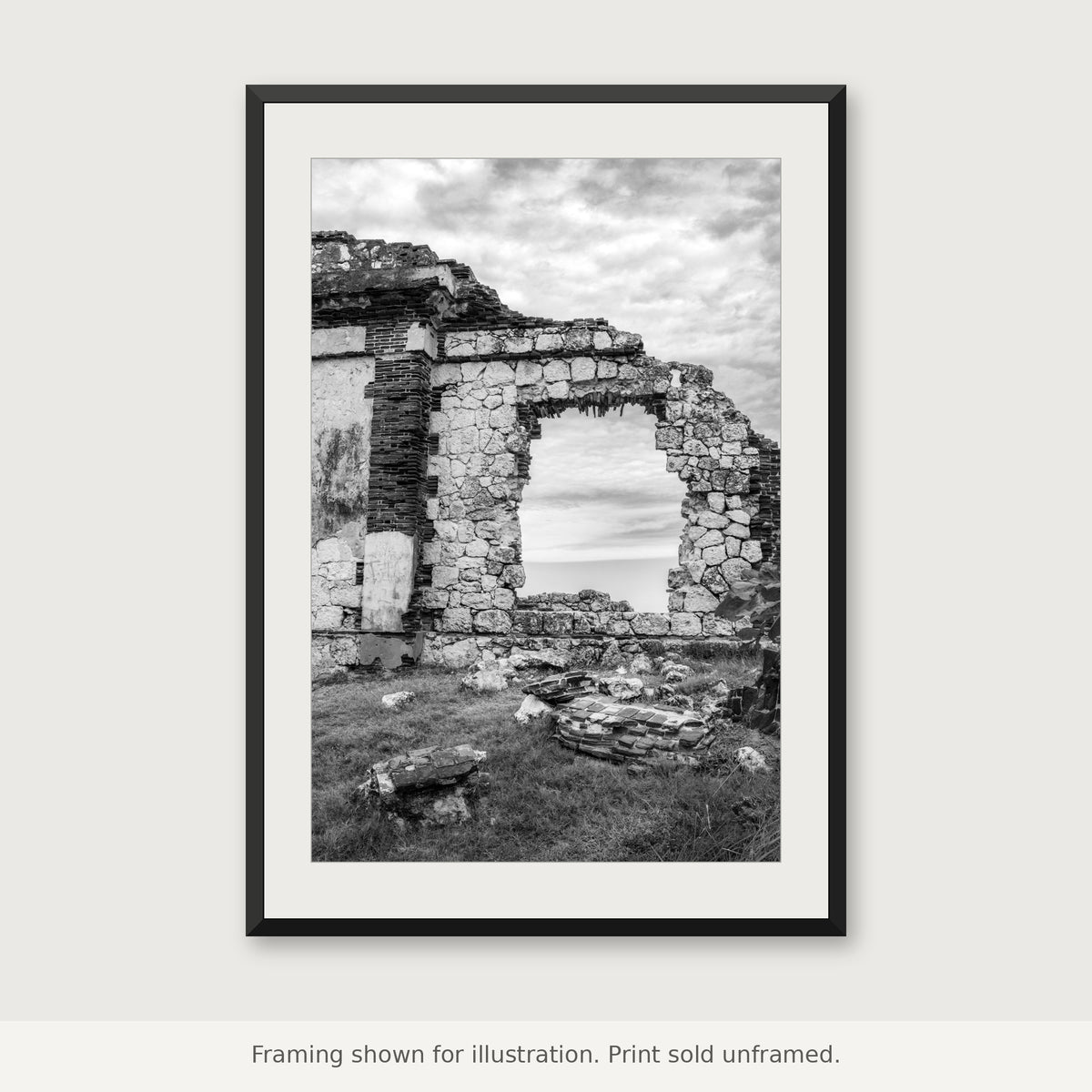 Stone Portal at Punta Borinquen black-and-white photograph shown in a frame. Print sold unframed.