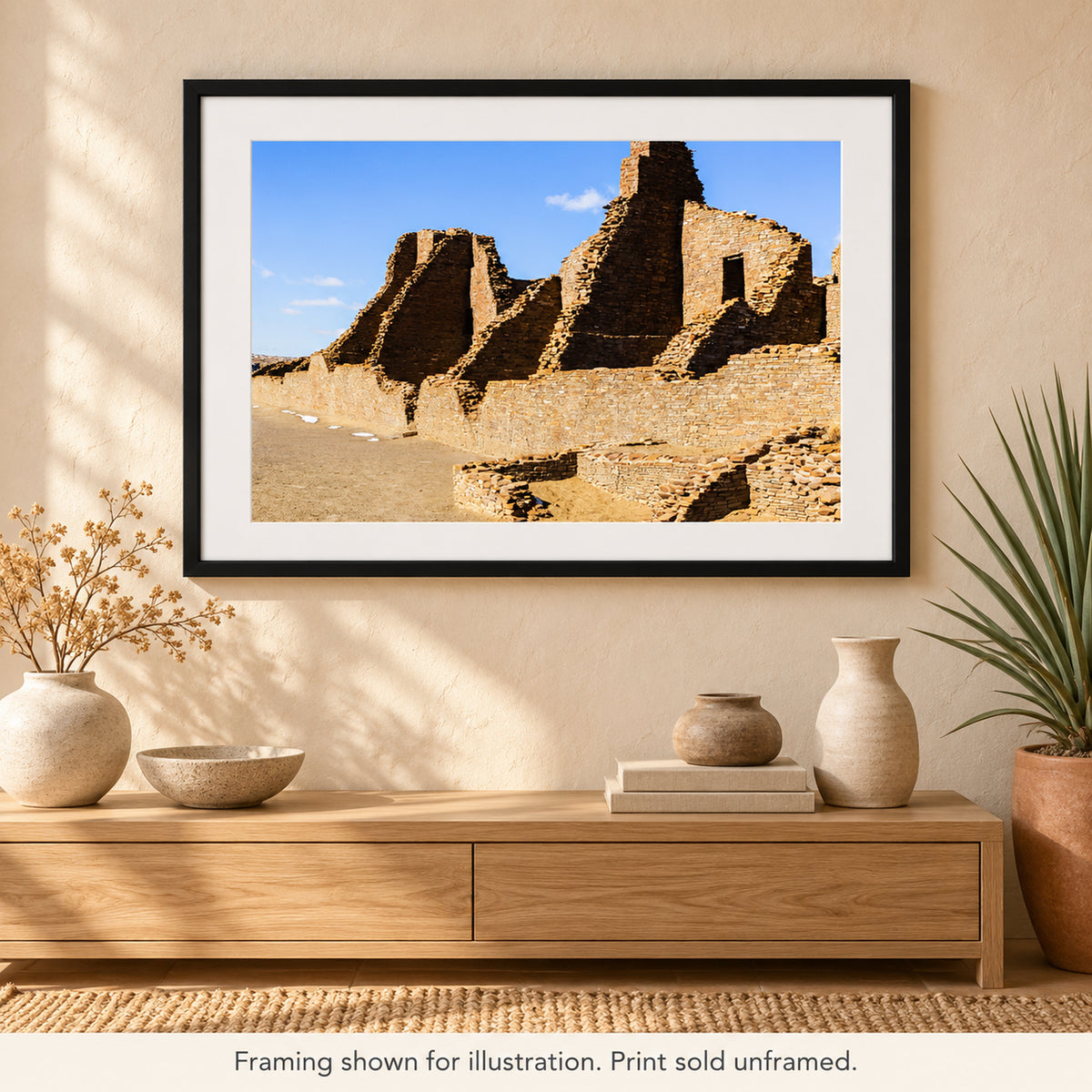 Framed Ancient Chaco Masonry photograph displayed in a Southwest-inspired interior setting. Print sold unframed.