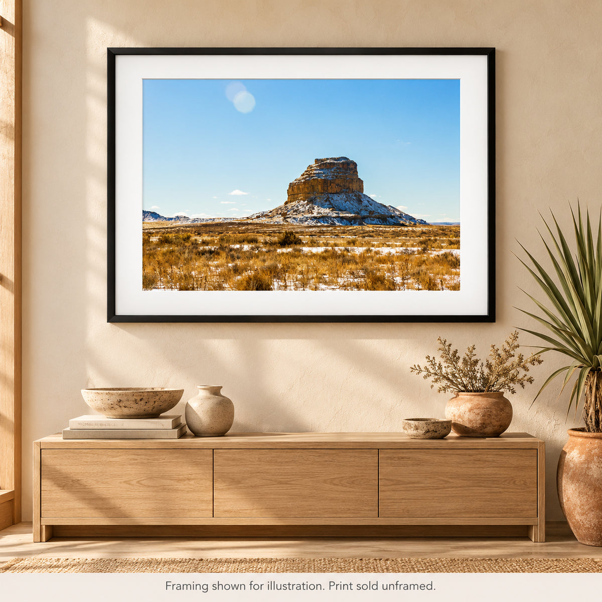 Framed Desert Butte in Winter Light photograph displayed in a Southwest-inspired interior setting. Print sold unframed.
