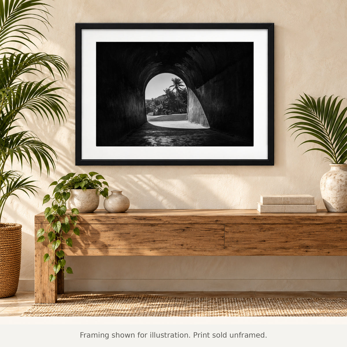 Framed Palms Beyond Guajataca Tunnel black-and-white photograph displayed in an interior setting. Print sold unframed.