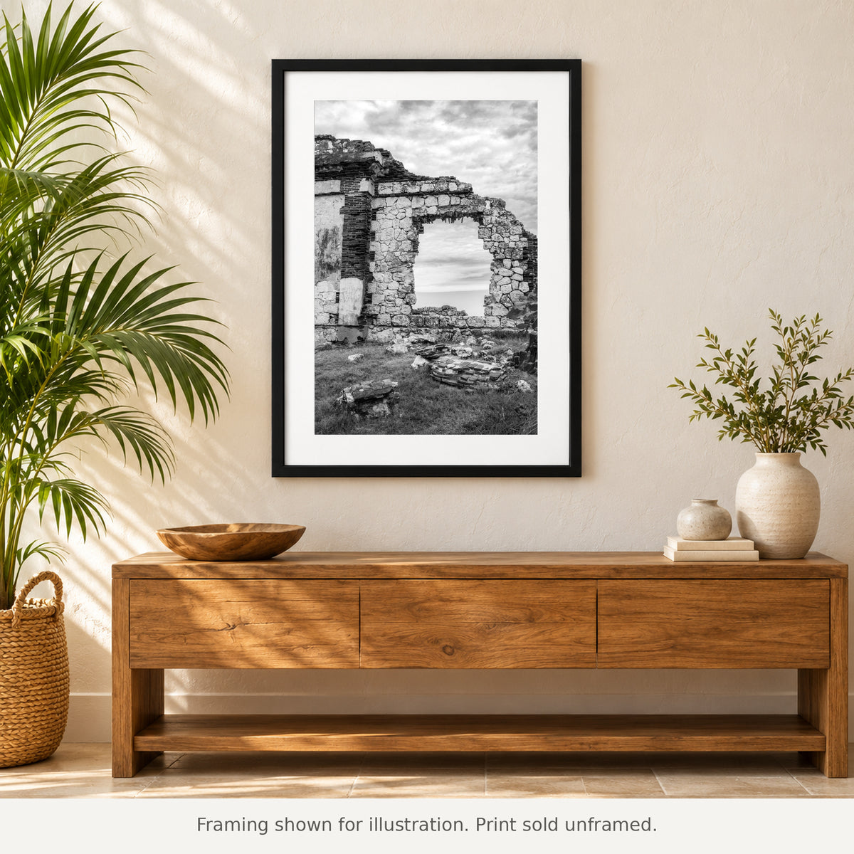 Framed Stone Portal at Punta Borinquen black-and-white photograph displayed in an interior setting. Print sold unframed.