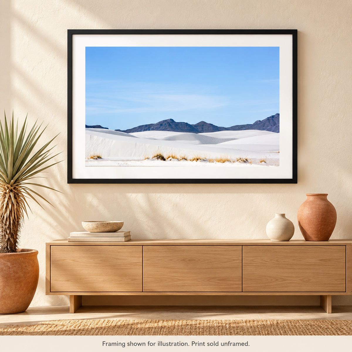 Framed White Sands and Distant Mountains photograph displayed in a Southwest-inspired interior setting. Print sold unframed.
