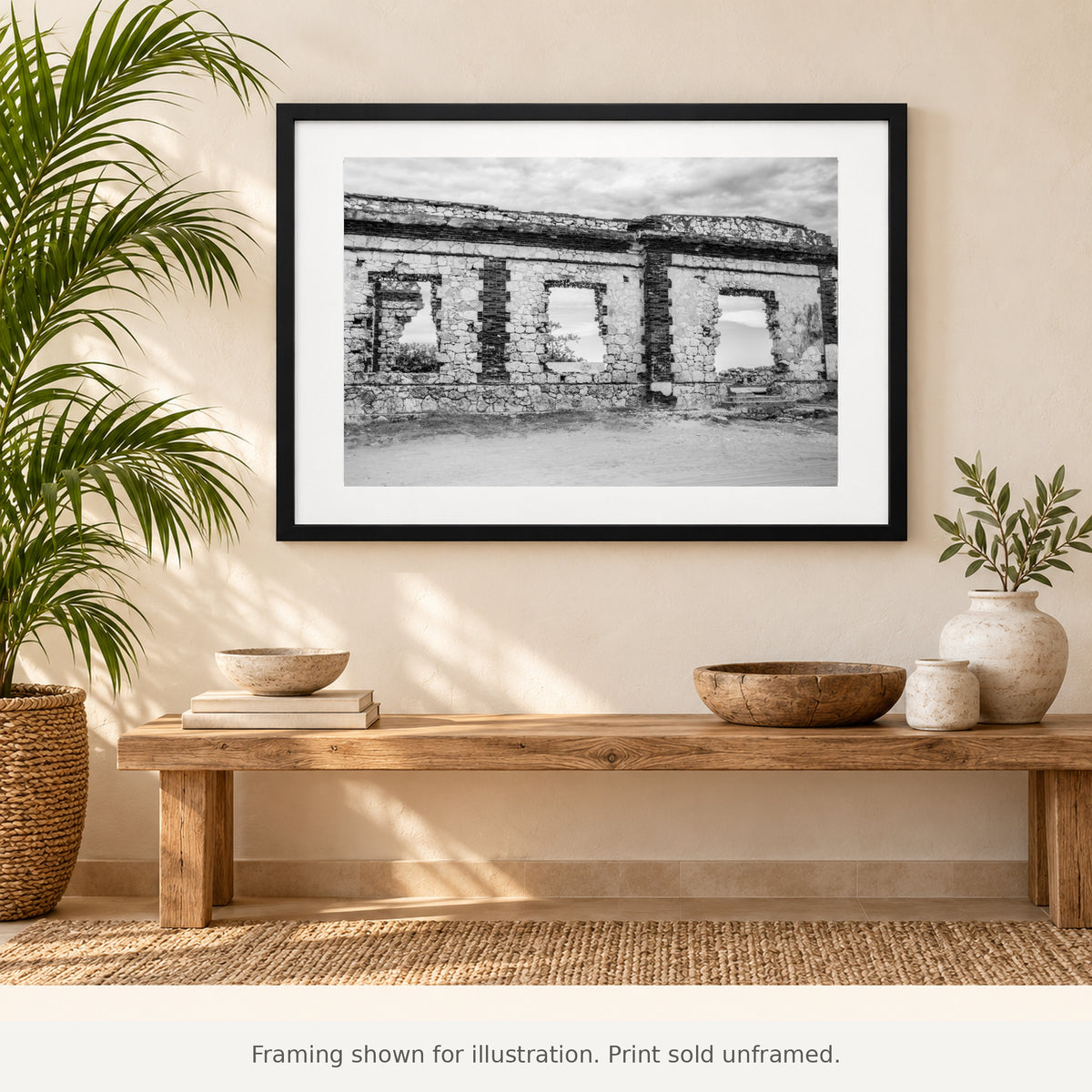 Framed Windows of Punta Borinquen black-and-white photograph displayed in an interior setting. Print sold unframed.