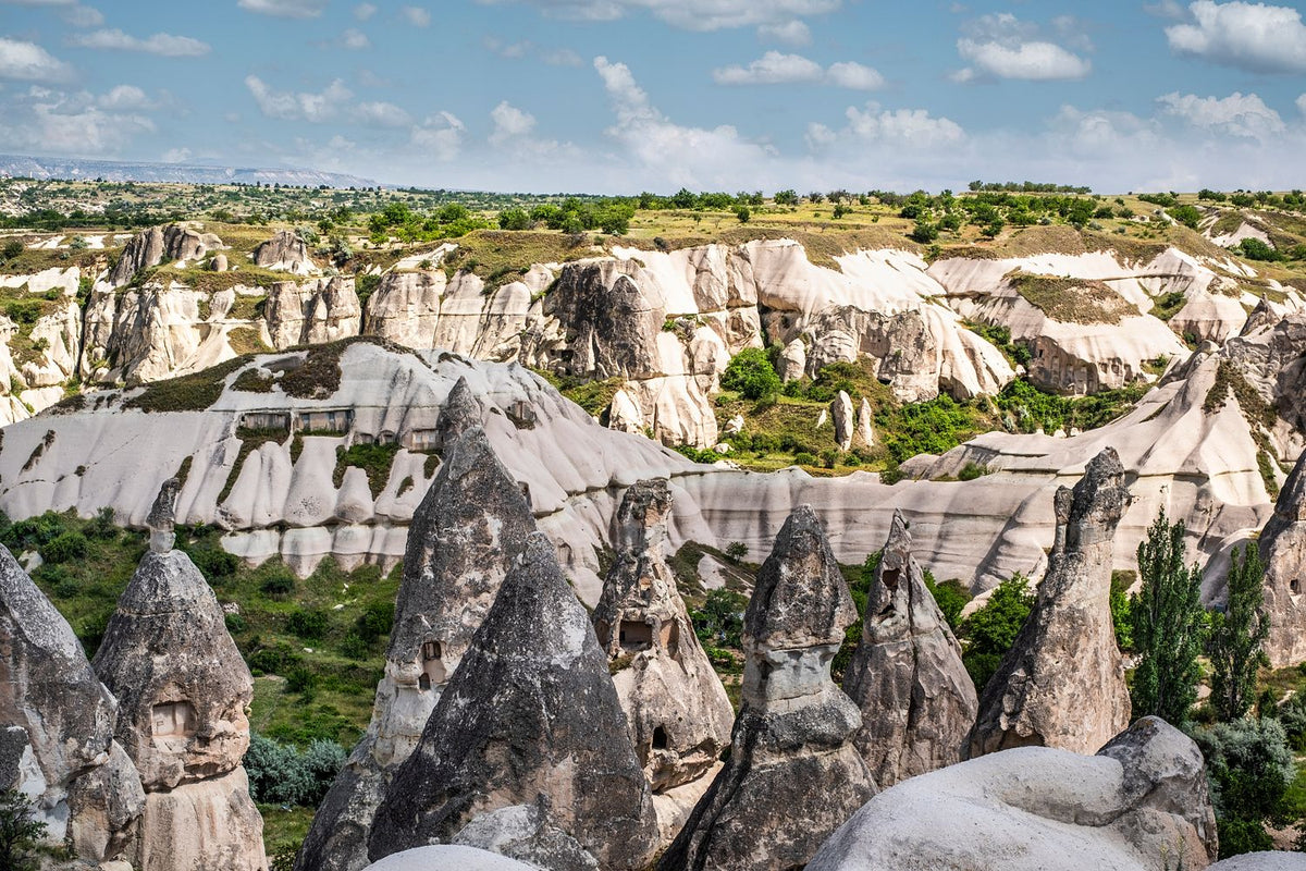 Pointed fairy chimney rock formations amid pale ridges and greenery in Göreme, Cappadocia, Turkey.
