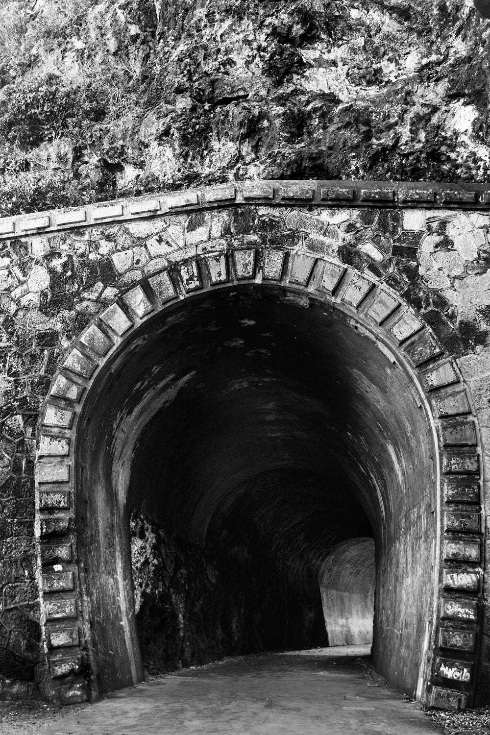 Black-and-white photograph of the historic Guajataca Railroad Tunnel surrounded by tropical landscape in Isabela, Puerto Rico.