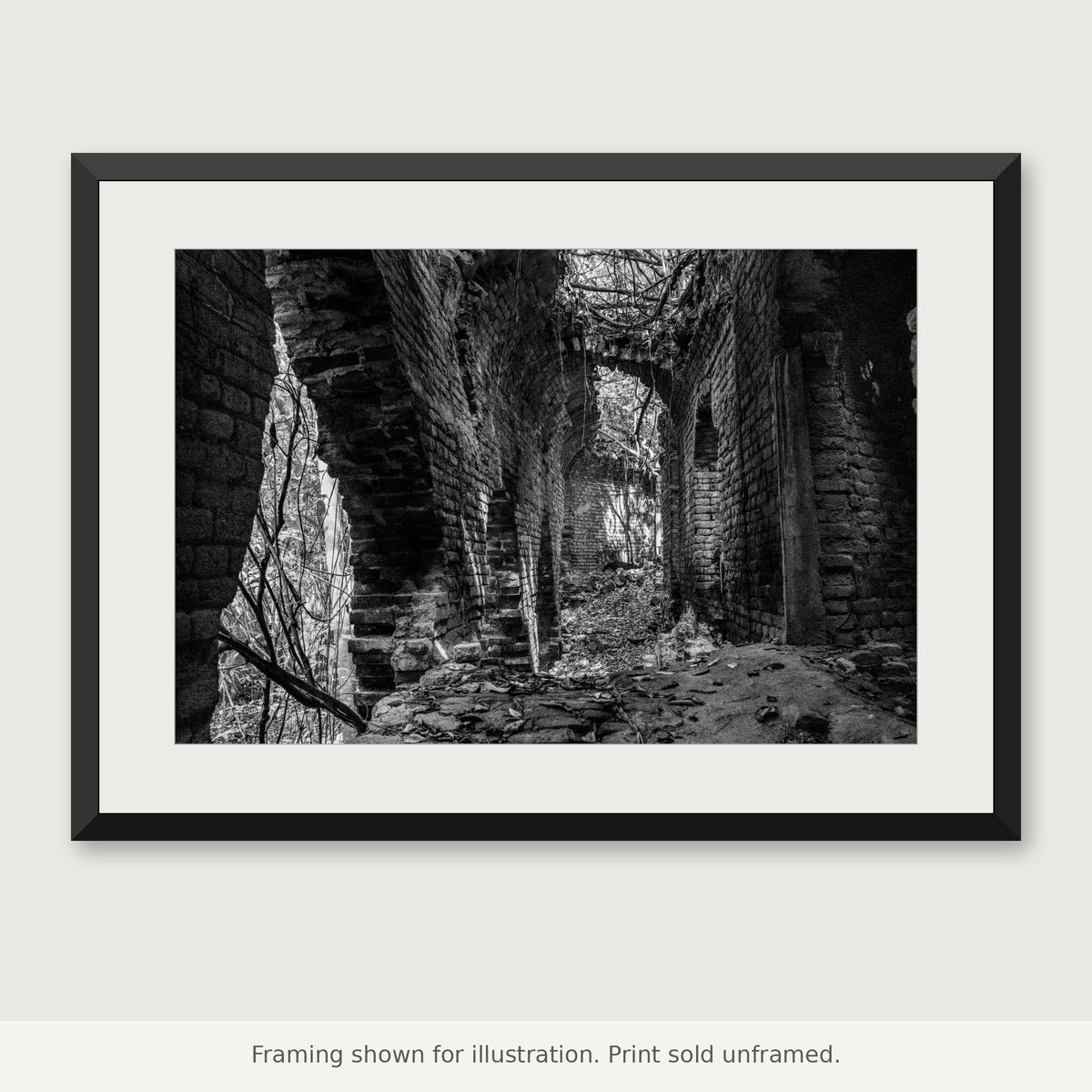 Inside Central Playa Grande black-and-white photograph shown in a frame. Print sold unframed.