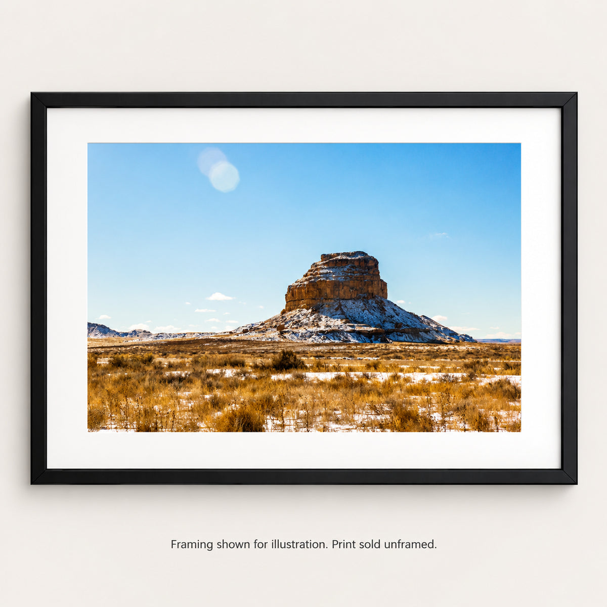 Desert Butte in Winter Light photograph shown in a frame. Print sold unframed.
