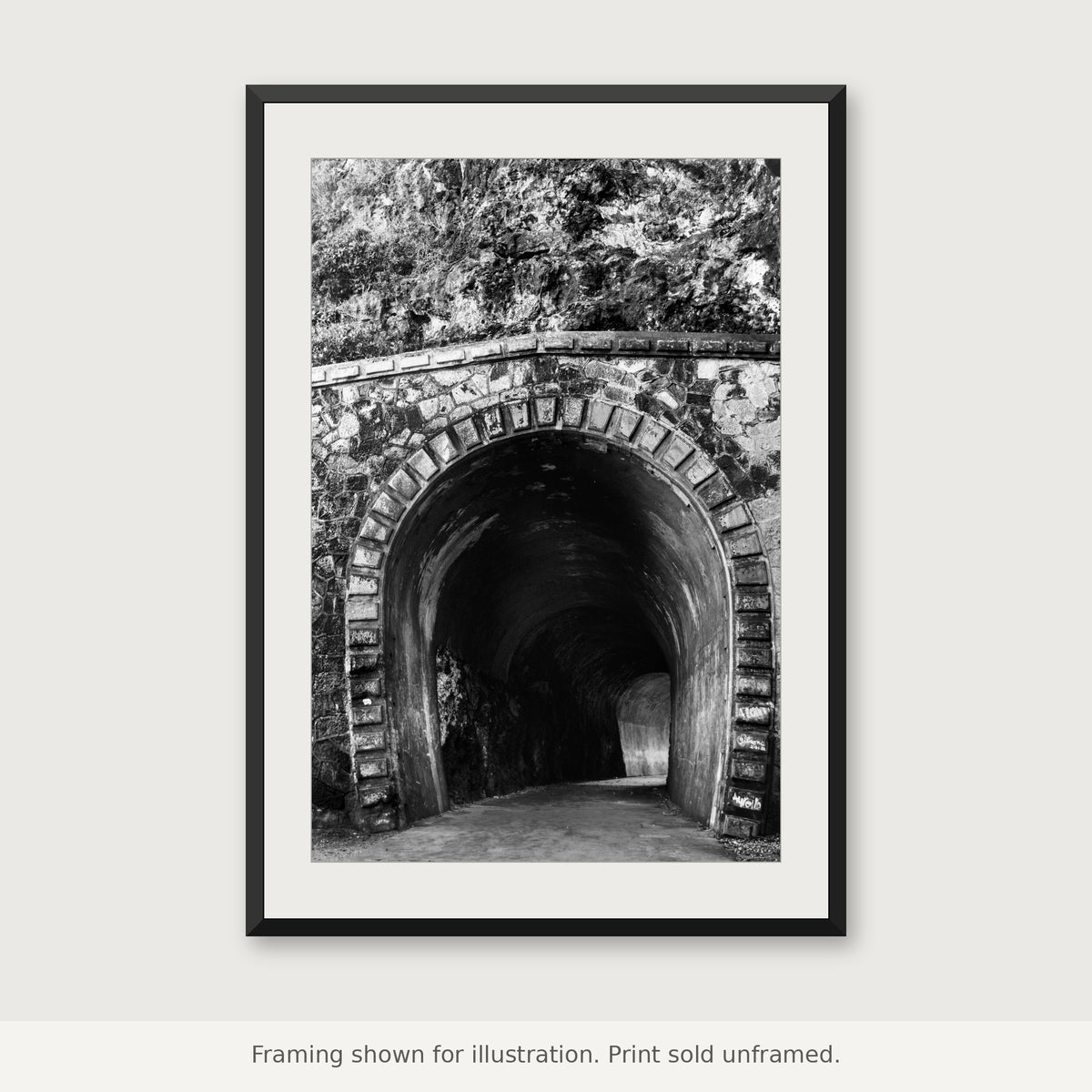 Guajataca Railroad Tunnel black-and-white photograph shown in a frame. Print sold unframed.