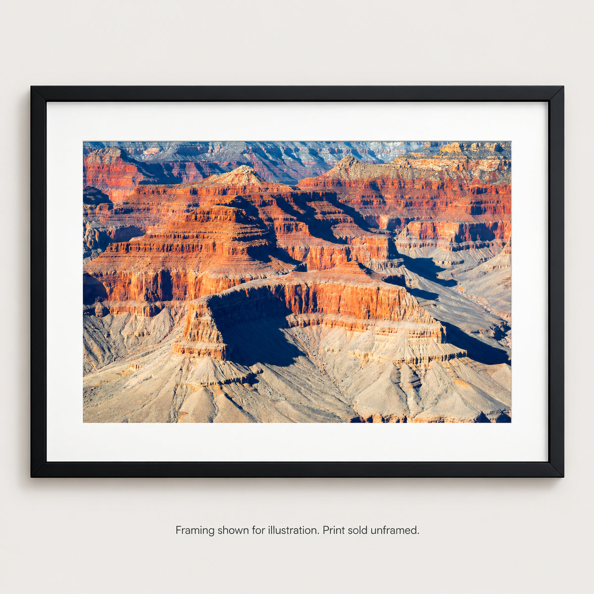 Layered Mesas of the Grand Canyon photograph shown in a frame. Print sold unframed.
