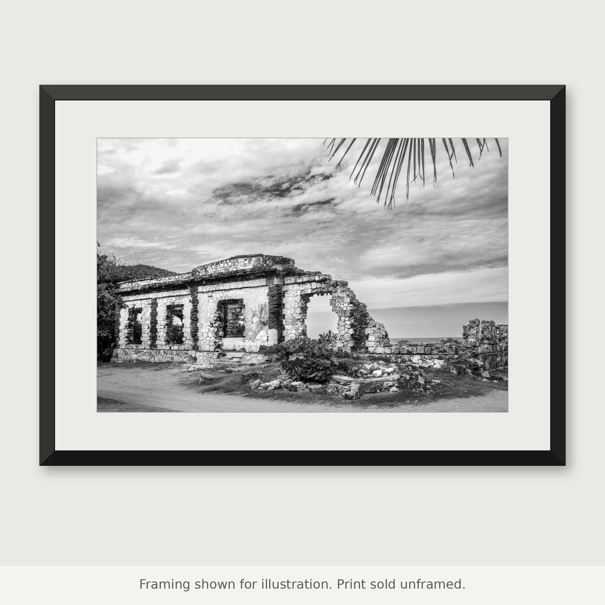 Punta Borinquen Lighthouse Ruins black-and-white photograph shown in a frame. Print sold unframed.