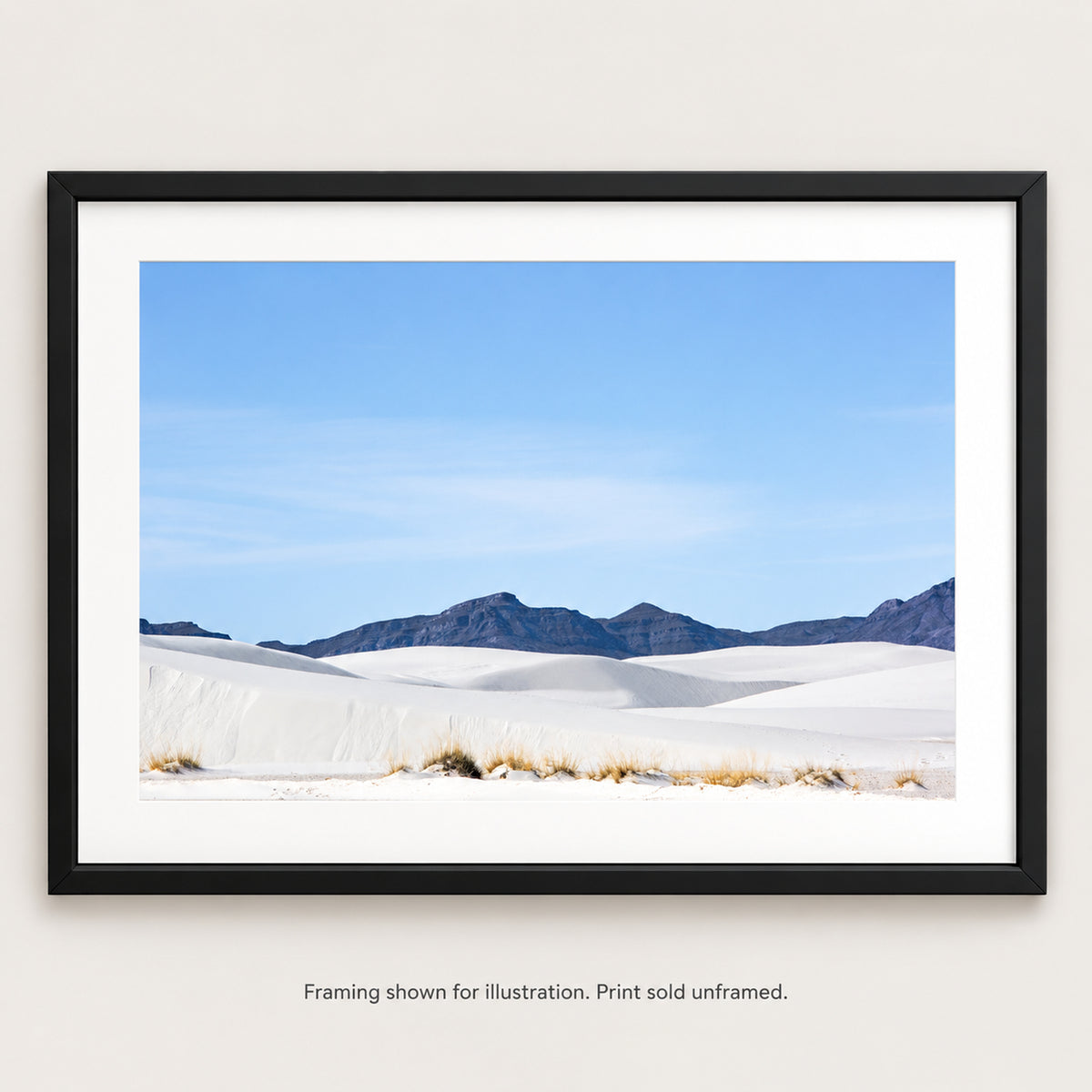 White Sands and Distant Mountains photograph shown in a frame. Print sold unframed.
