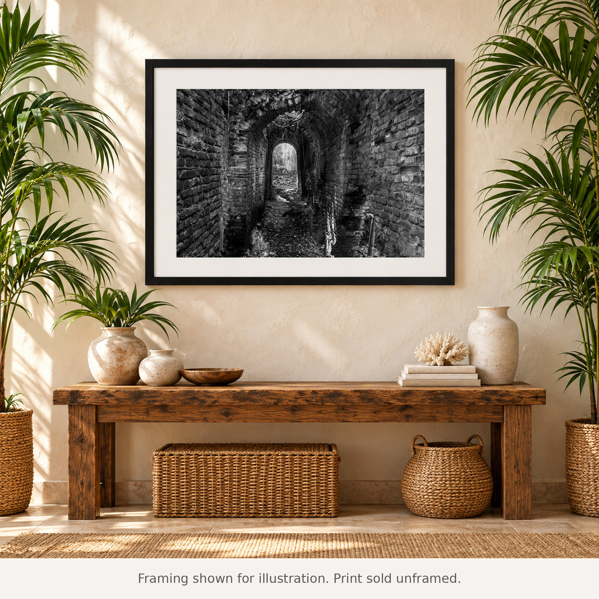 Framed Arched Passage at Playa Grande black-and-white photograph displayed in an interior setting. Print sold unframed.