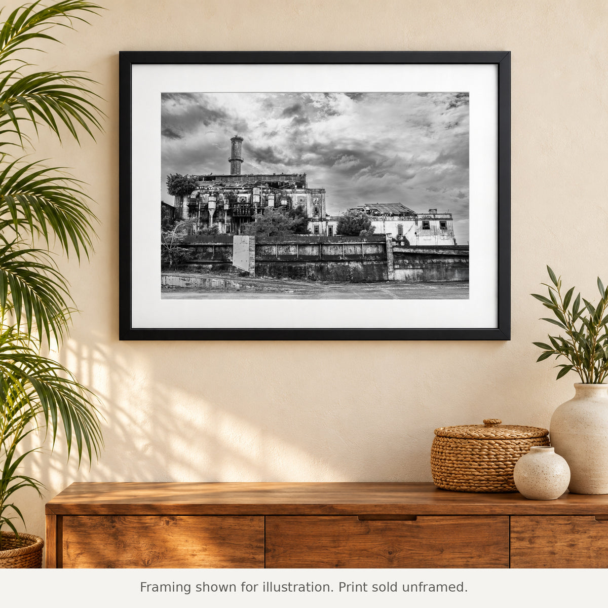Framed Central Coloso Industrial Ruins black-and-white photograph displayed in an interior setting. Print sold unframed.