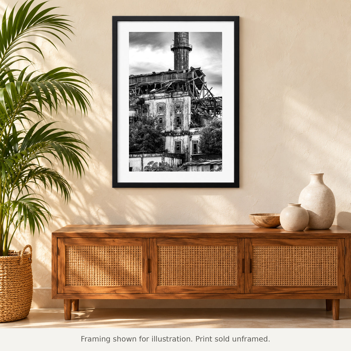 Framed Central Coloso Tower black-and-white photograph displayed in an interior setting. Print sold unframed.