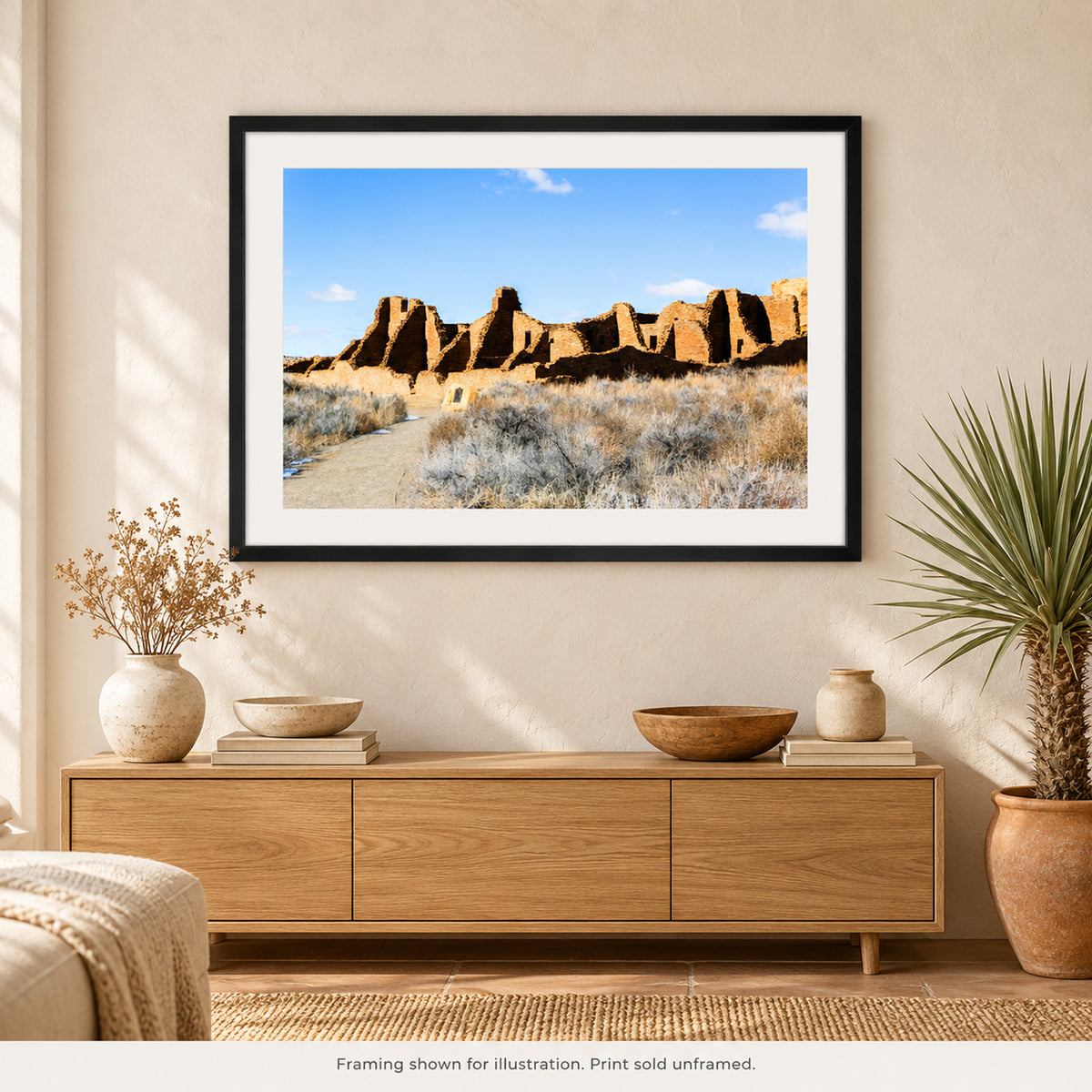 Ancient Ruins of Chaco Canyon photograph shown in a frame. Print sold unframed.
