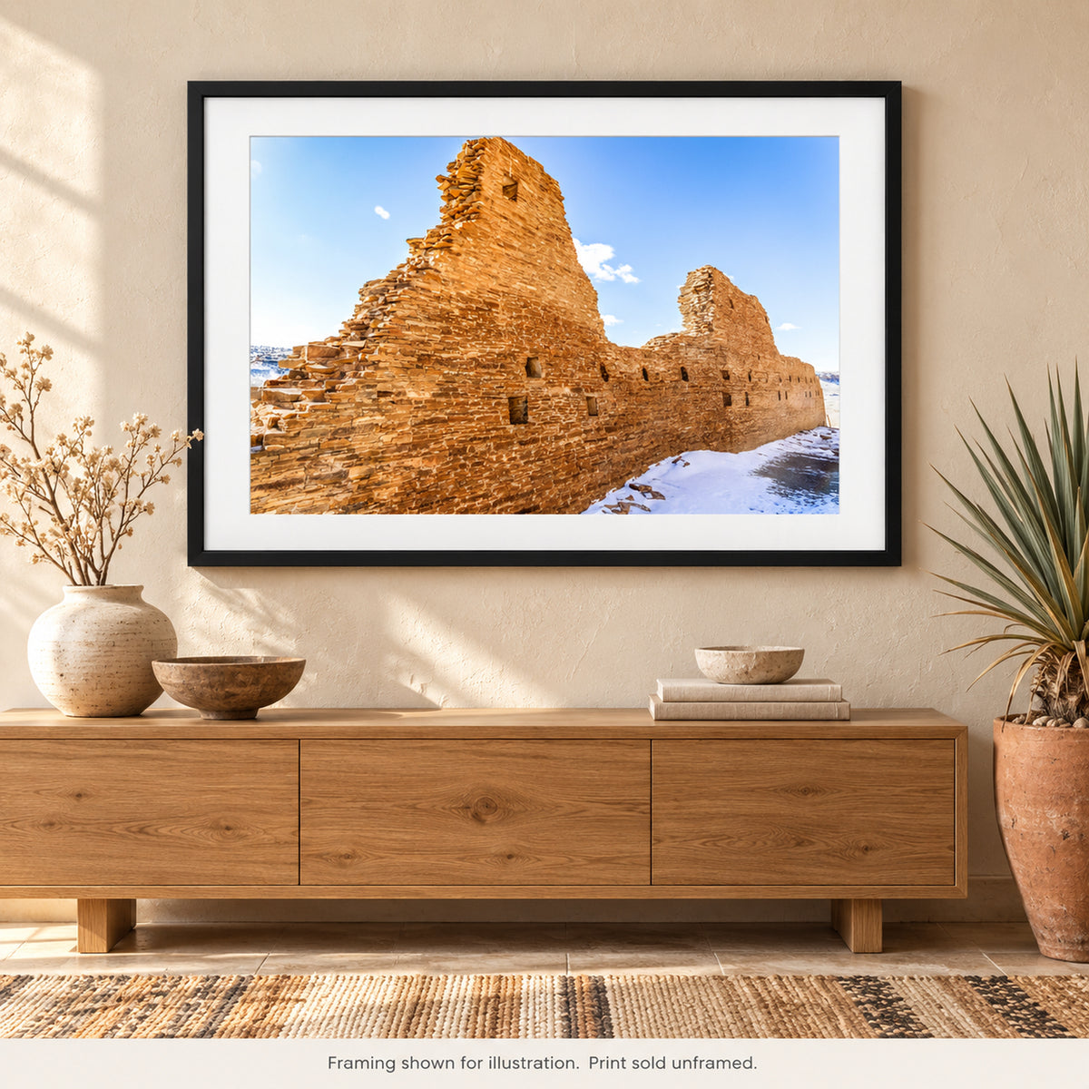 Framed Stone Walls of Chaco Canyon photograph displayed in a Southwest-inspired interior setting. Print sold unframed.