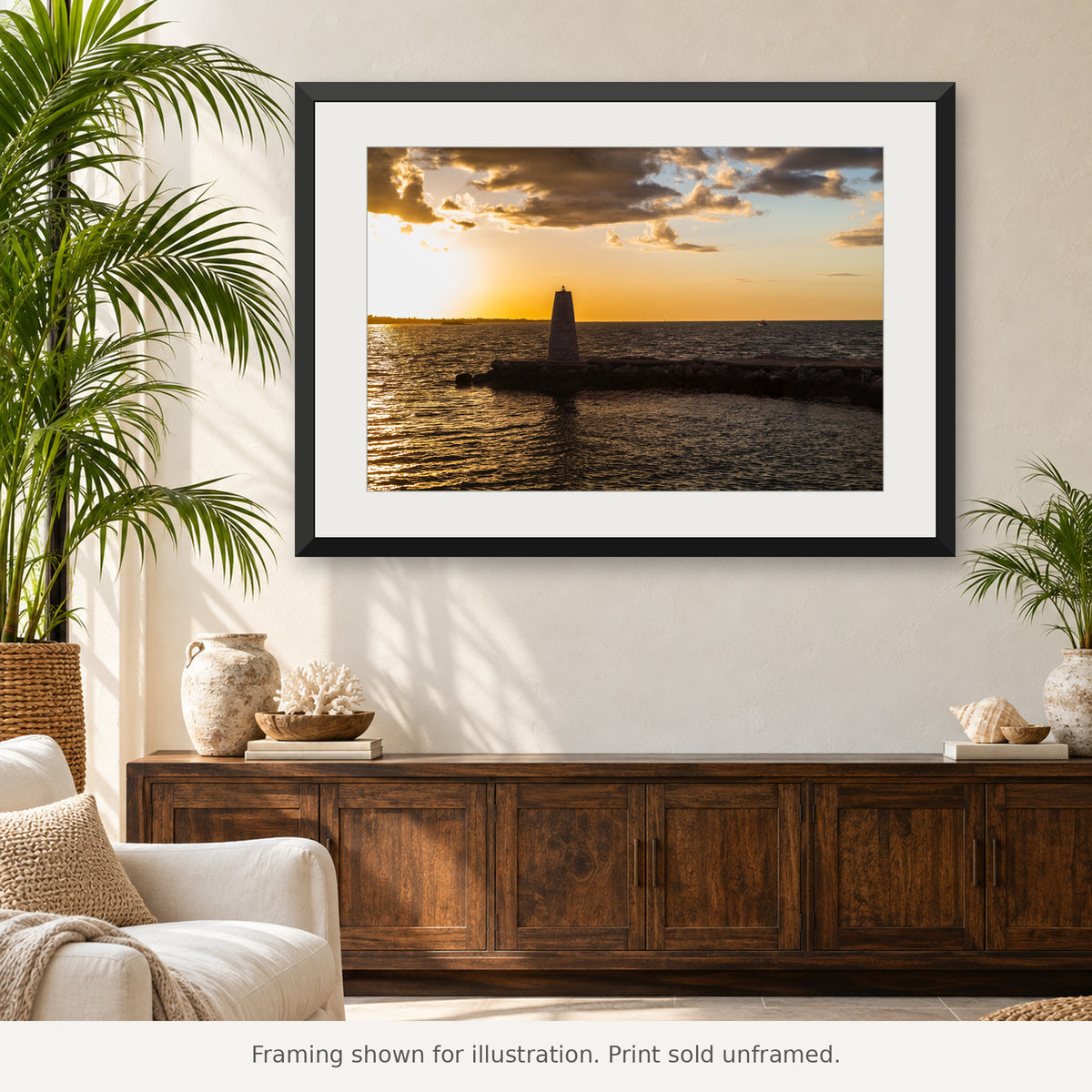 Stone harbor beacon beside the water in warm golden-hour light in the Florida Keys. Print sold unframed.
