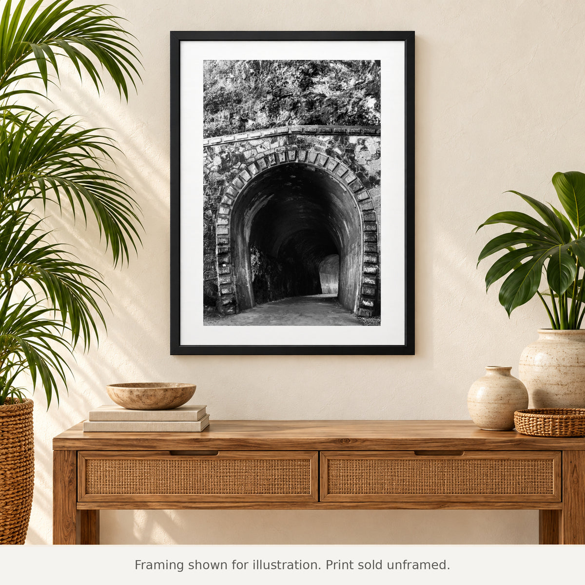 Framed Guajataca Railroad Tunnel black-and-white photograph displayed in an interior setting. Print sold unframed.