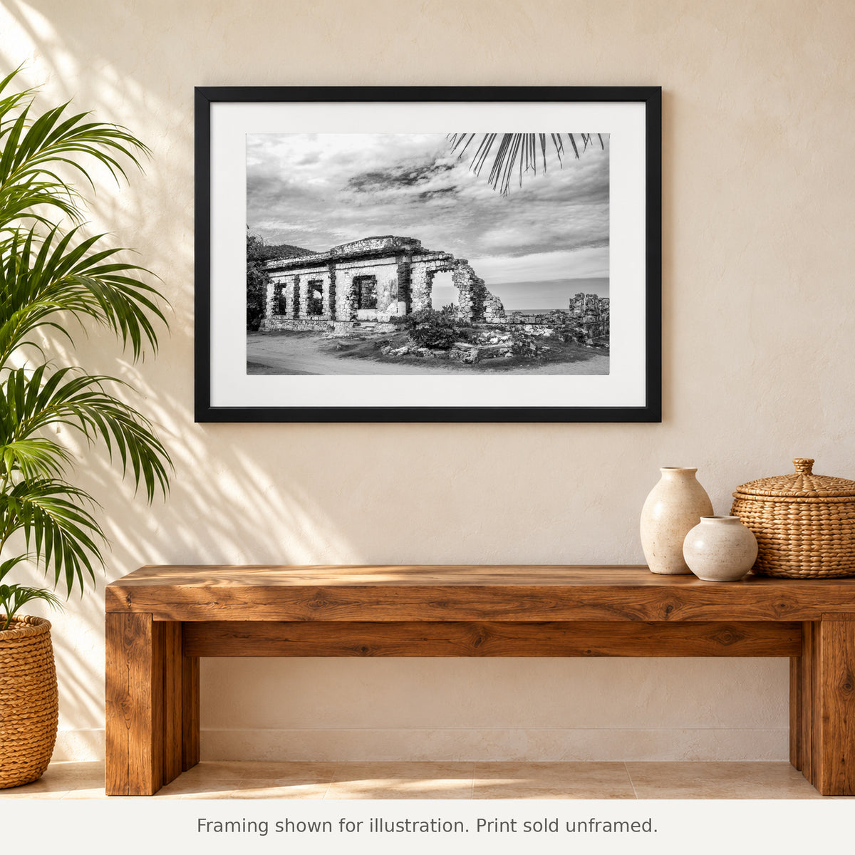 Framed Punta Borinquen Lighthouse Ruins black-and-white photograph displayed in an interior setting. Print sold unframed.