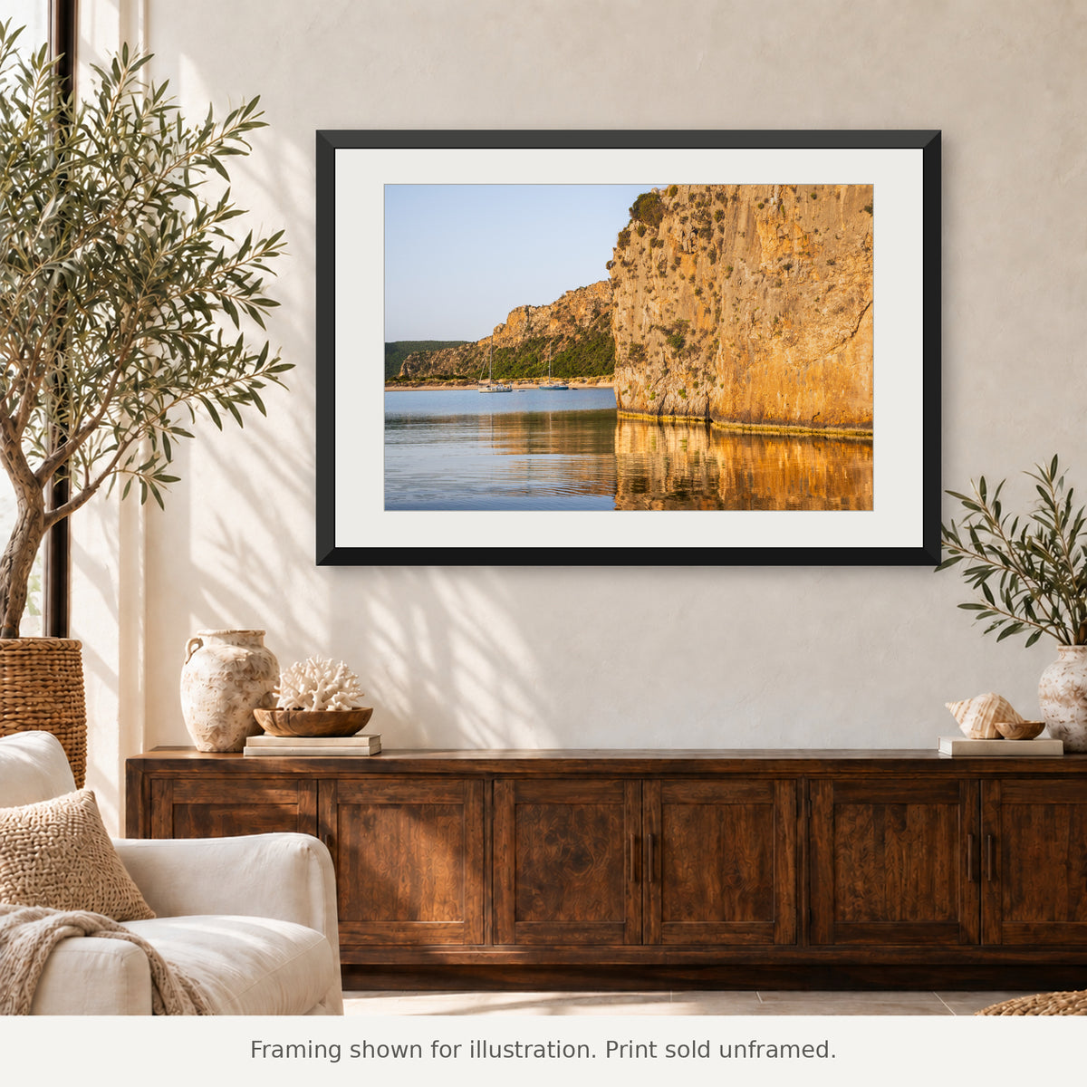 Framed Voidokilia Reflection photograph displayed in an interior setting. Print sold unframed.