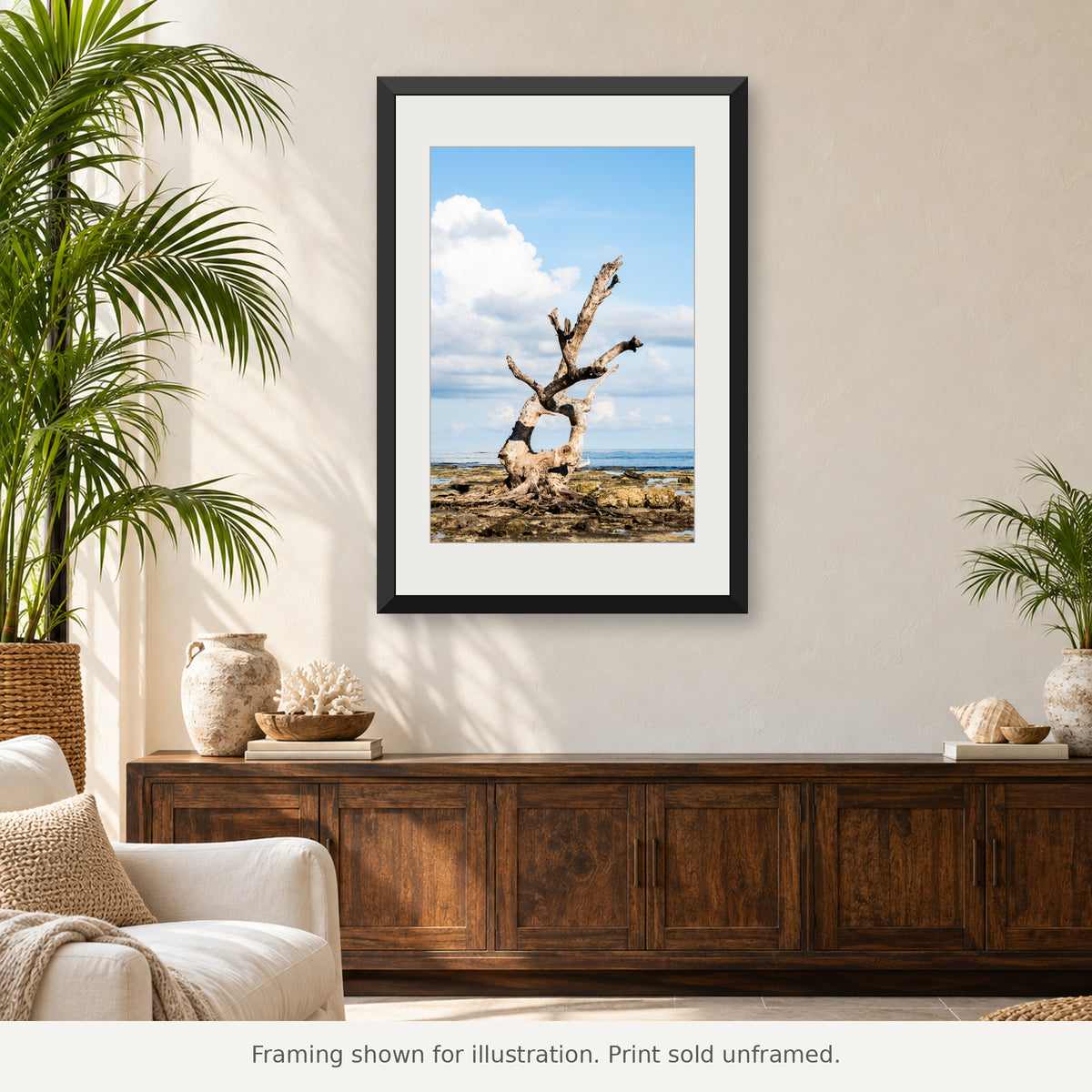 Weathered skeletal tree standing alone at low tide along a quiet Florida Keys shoreline. Print sold unframed.

