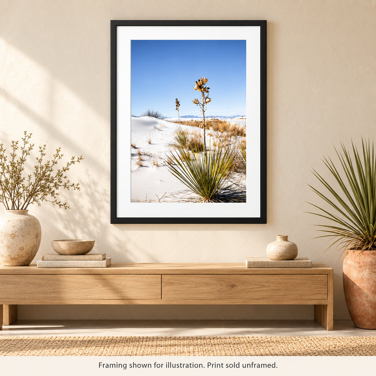 Framed Yucca in White Sands photograph displayed in a Southwest-inspired interior setting. Print sold unframed.