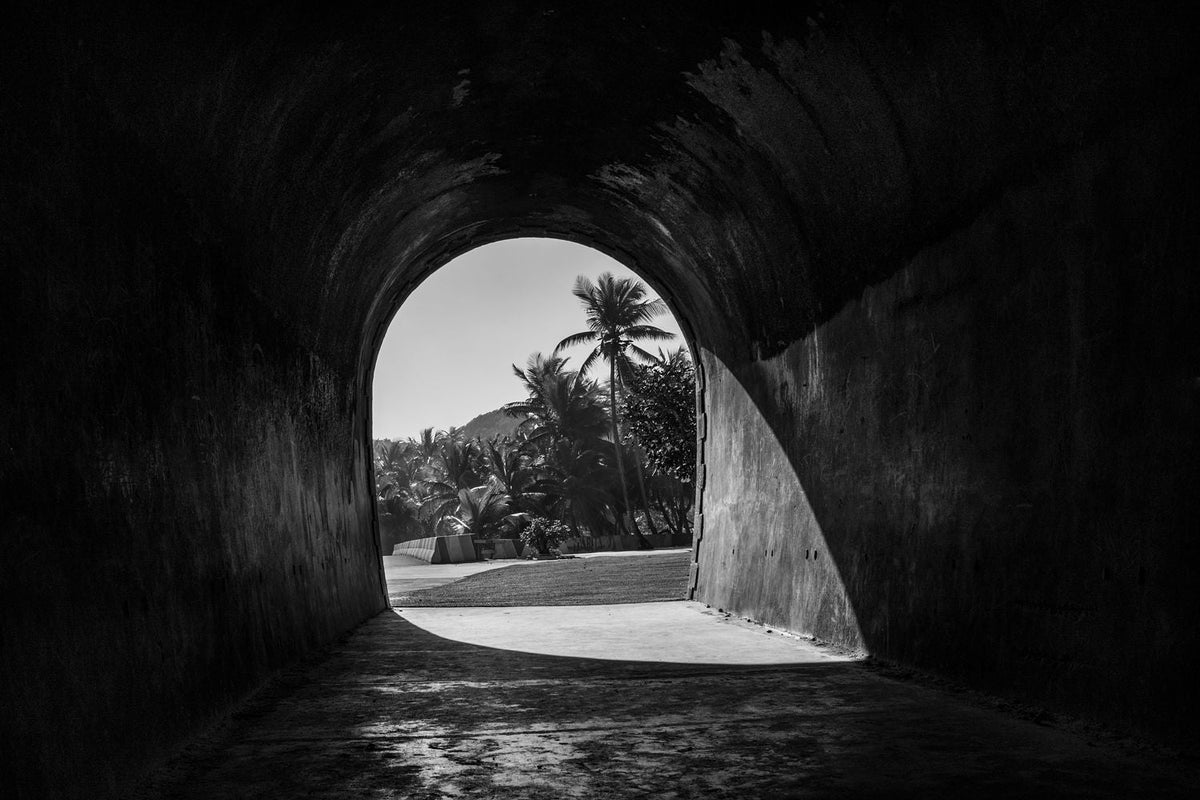 Black-and-white photograph looking from inside Guajataca Tunnel toward palms and daylight in Isabela, Puerto Rico.
